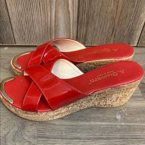A. Giannetti red patent leather cork wedge sandals